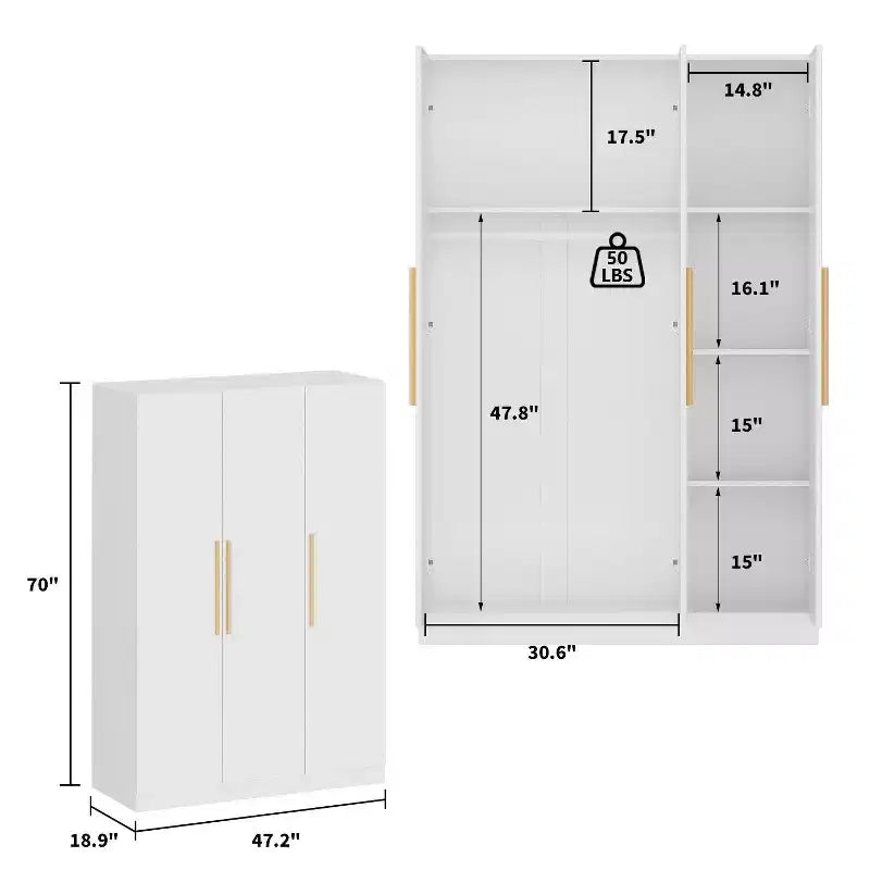 Armadio Hitow Pure White Minimalista a 3 Ante Arricchisce lo Spazio per Riporre e Appendere