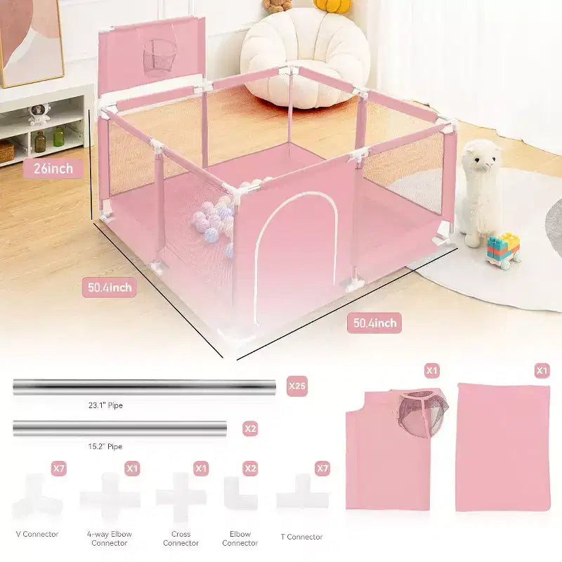 Box per Bambini Portatile 50x50 con 4 Pannelli e Canestro da Basket