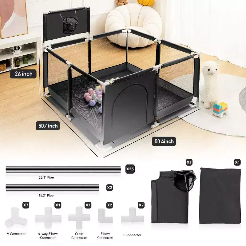 Box per Bambini Portatile 50x50 con 4 Pannelli e Canestro da Basket