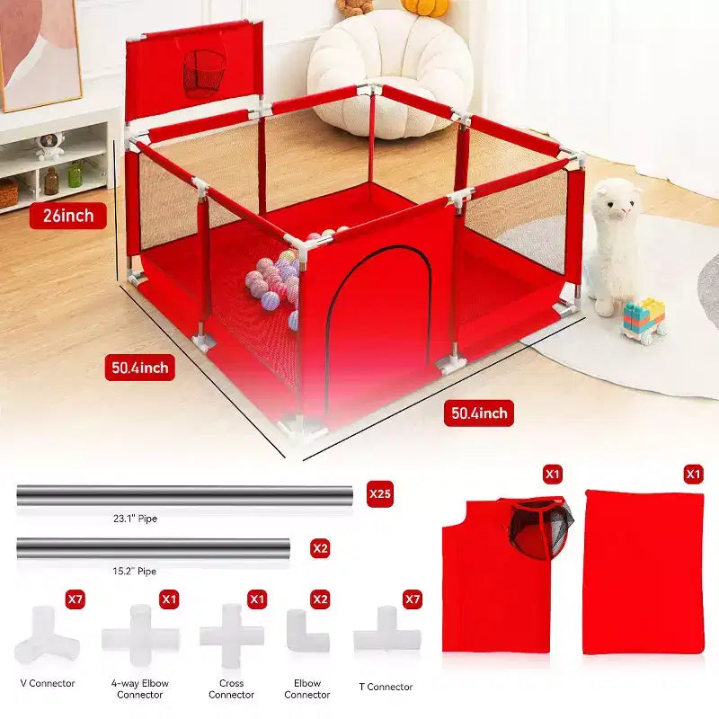 Box per Bambini Portatile 50x50 con 4 Pannelli e Canestro da Basket