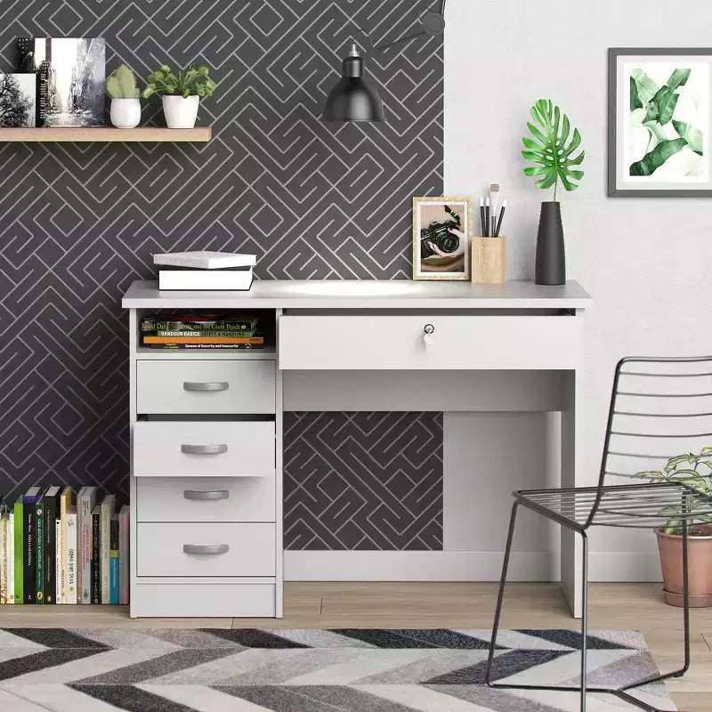 Scrivania a 5 cassetti, Finitura in laminato, 43"L x 29.76"A, Bianco, Montaggio da adulto richiesto
