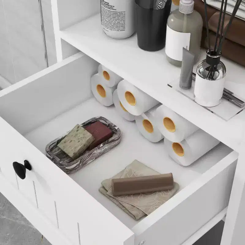 Mobile Contenitore da Bagno Alto 55'', Cesto Portabiancheria a Scomparsa Inclinabile, Mobiletto da Terra in Legno per Lavanderia o Soggiorno, Bianco