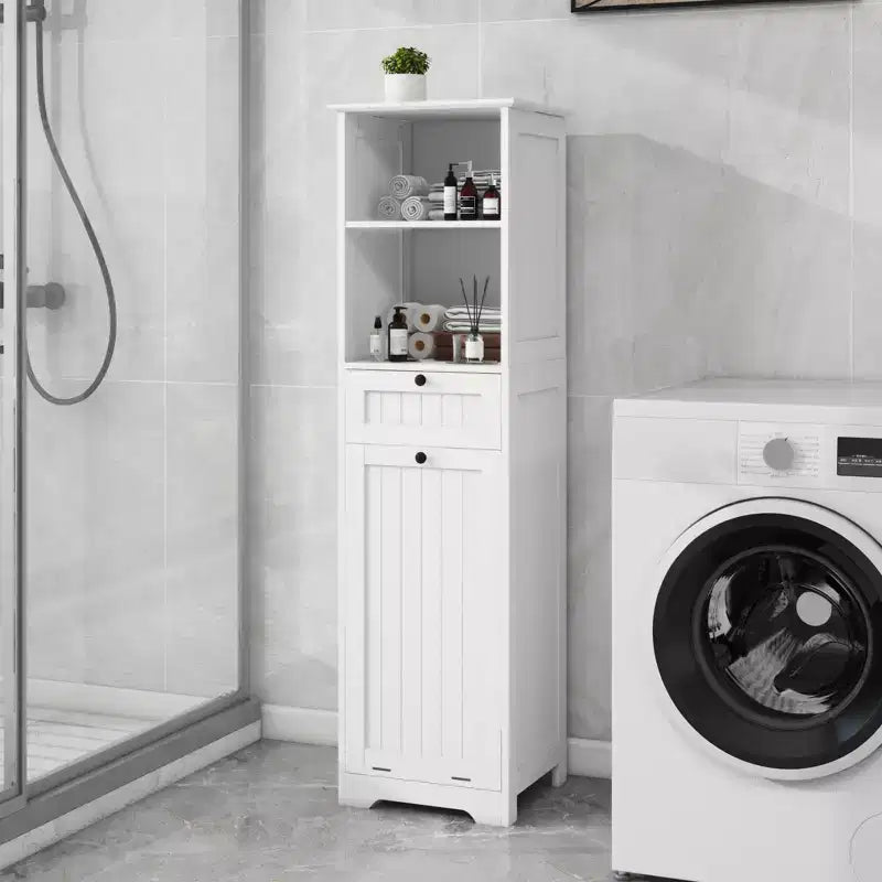 Mobile Contenitore da Bagno Alto 55'', Cesto Portabiancheria a Scomparsa Inclinabile, Mobiletto da Terra in Legno per Lavanderia o Soggiorno, Bianco