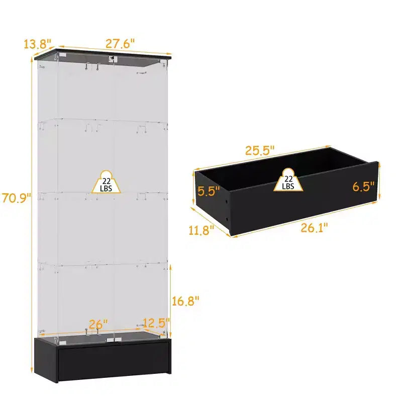 Mobile contenitore in vetro a 2 ante e 1 cassetto nero, libreria espositiva moderna, alto 180 cm