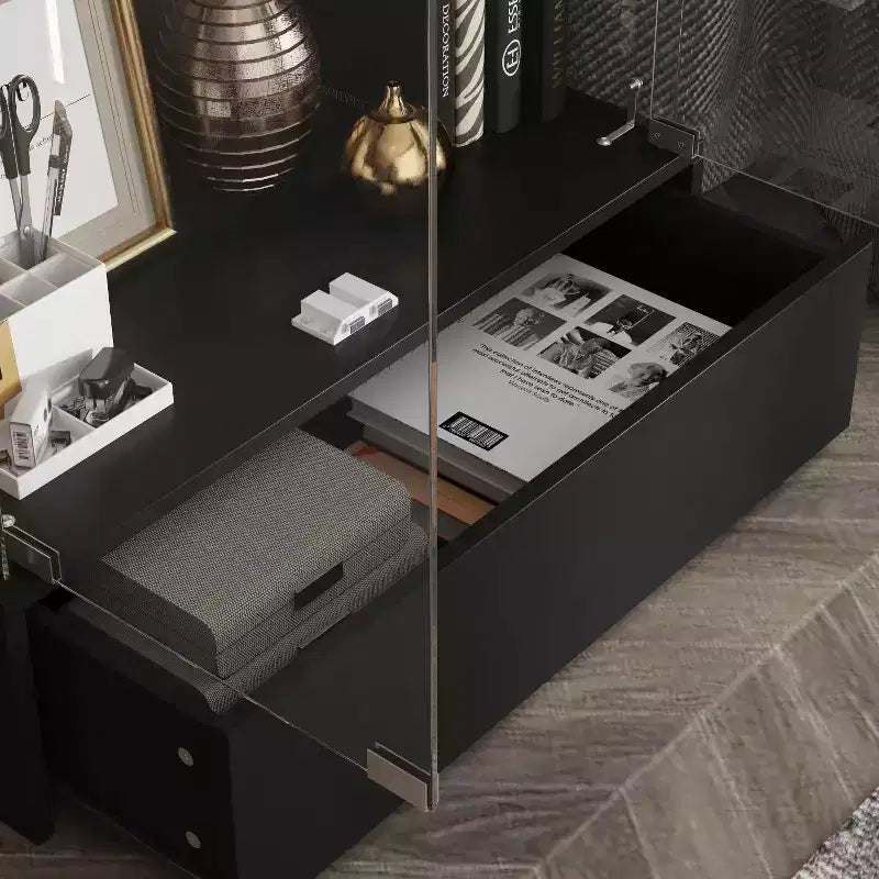 Mobile contenitore in vetro a 2 ante e 1 cassetto nero, libreria espositiva moderna, alto 180 cm