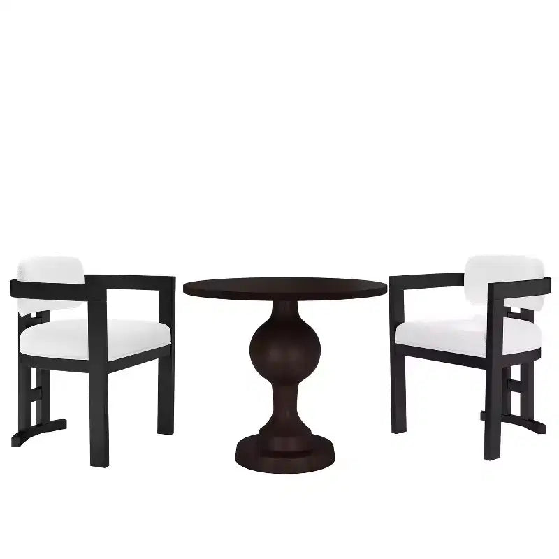 Set da pranzo rotondo 3 pezzi, legno di betulla e struttura in alluminio, sedie imbottite con braccioli, 2 posti a sedere