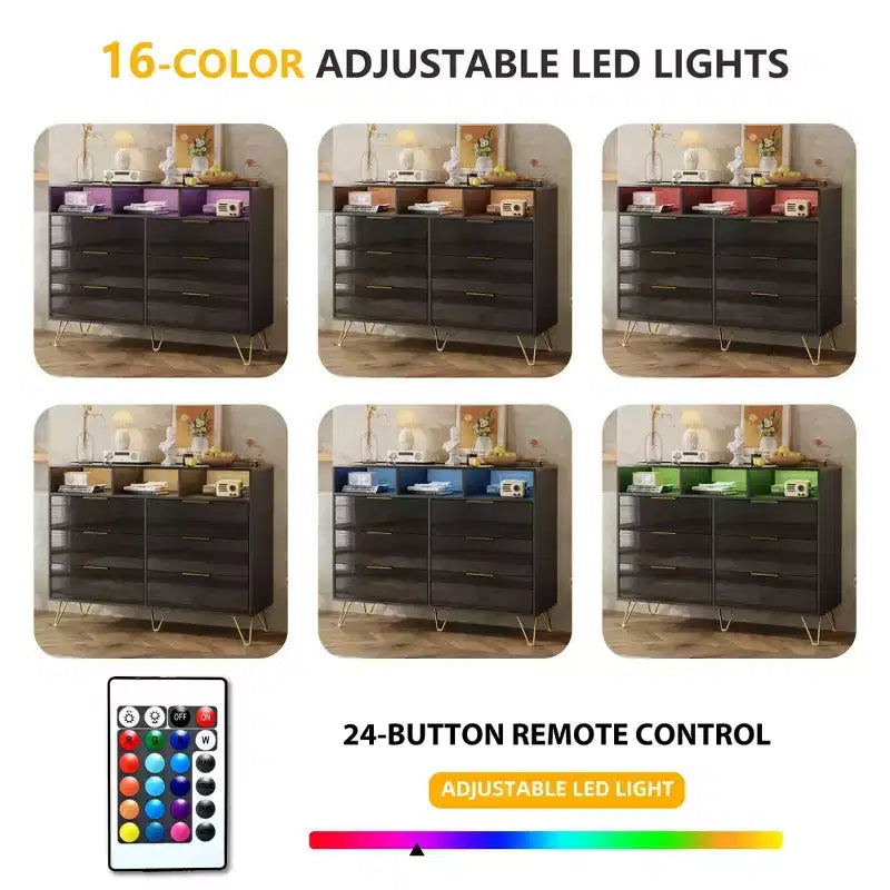 Comò a 6 cassetti con luci a LED, cassettiera moderna con 3 ripiani aperti per camera da letto