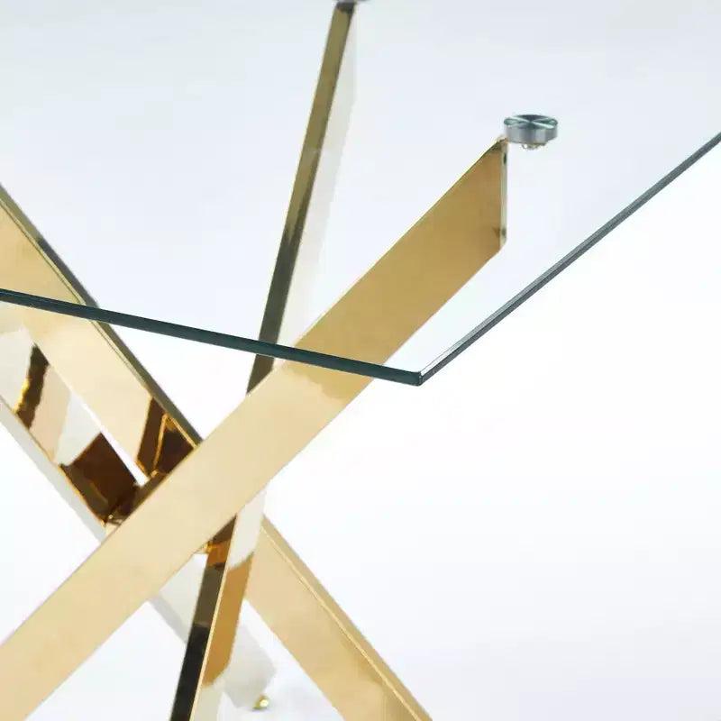 Tavolo da pranzo con gambe incrociate in metallo e vetro temperato, Tavolo da cucina moderno salvaspazio per soggiorno, gambe cromate, tavolo quadrato, gambe dorate, 90x90x75 cm