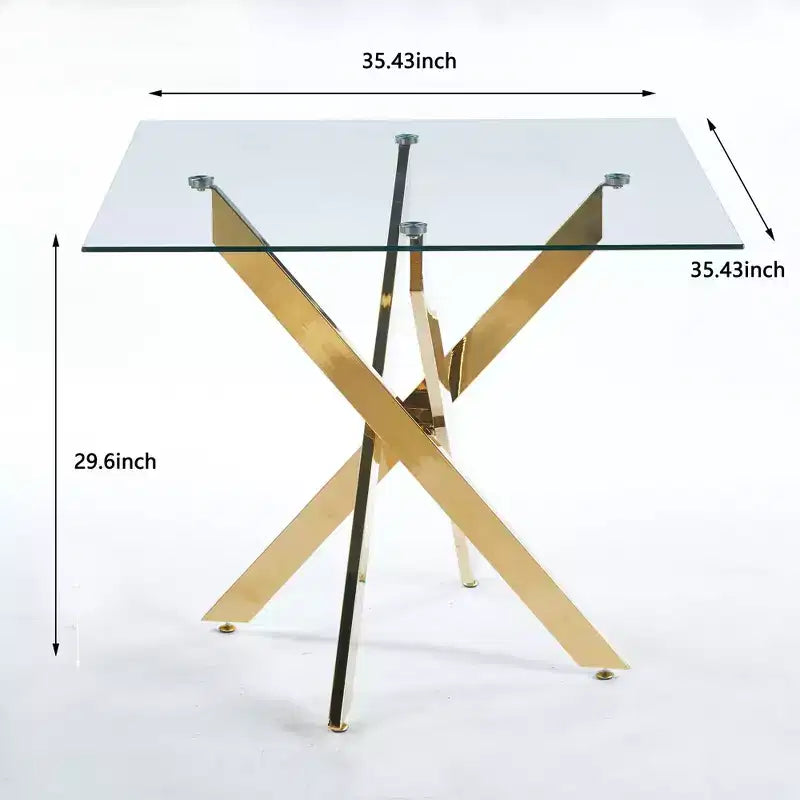 Tavolo da pranzo con gambe incrociate in metallo e vetro temperato, Tavolo da cucina moderno salvaspazio per soggiorno, gambe cromate, tavolo quadrato, gambe dorate, 90x90x75 cm
