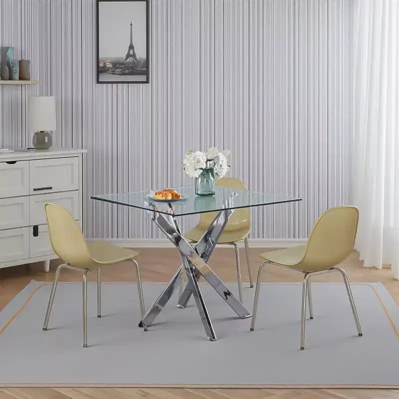 Tavolo da pranzo con gambe incrociate in metallo e vetro temperato, Tavolo da cucina moderno salvaspazio per soggiorno, gambe cromate, tavolo quadrato, gambe dorate, 90x90x75 cm