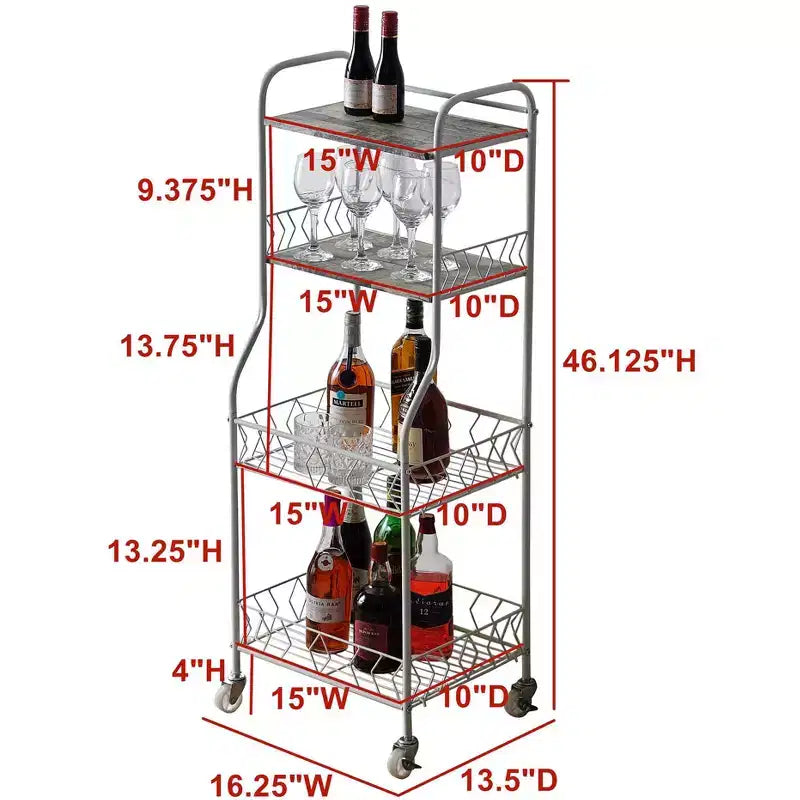 Scaffale da cucina a 4 ripiani su ruote, scaffale per microonde autoportante con ripiani portaoggetti