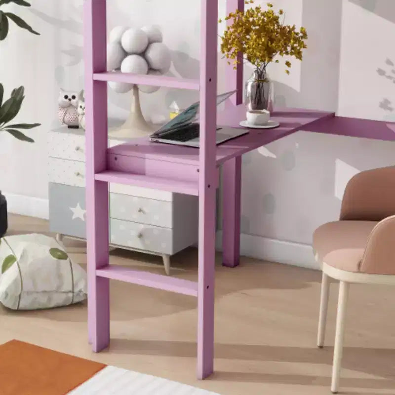 Letto a soppalco alto singolo in legno di gomma con sponda di sicurezza e scrivania integrata