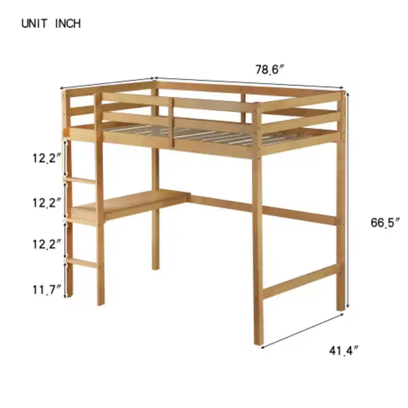Letto a soppalco alto singolo in legno di gomma con sponda di sicurezza e scrivania integrata