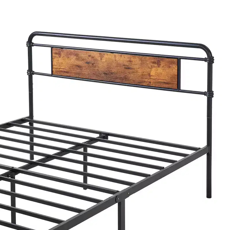 Telaio per letto a piattaforma in metallo Full/Queen con testiera in legno, doghe in acciaio resistente, nessun materasso a molle necessario, marrone
