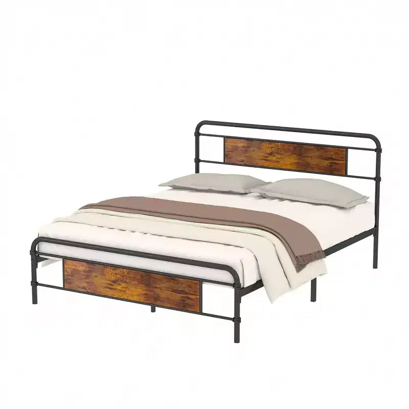 Telaio per letto a piattaforma in metallo Full/Queen con testiera in legno, doghe in acciaio resistente, nessun materasso a molle necessario, marrone