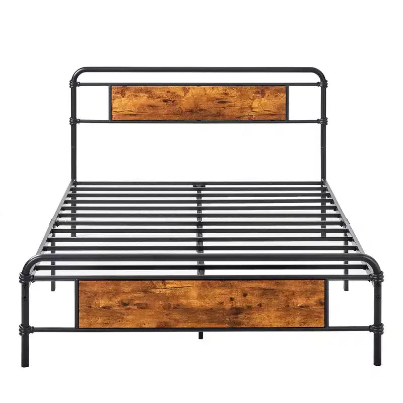Telaio per letto a piattaforma in metallo Full/Queen con testiera in legno, doghe in acciaio resistente, nessun materasso a molle necessario, marrone