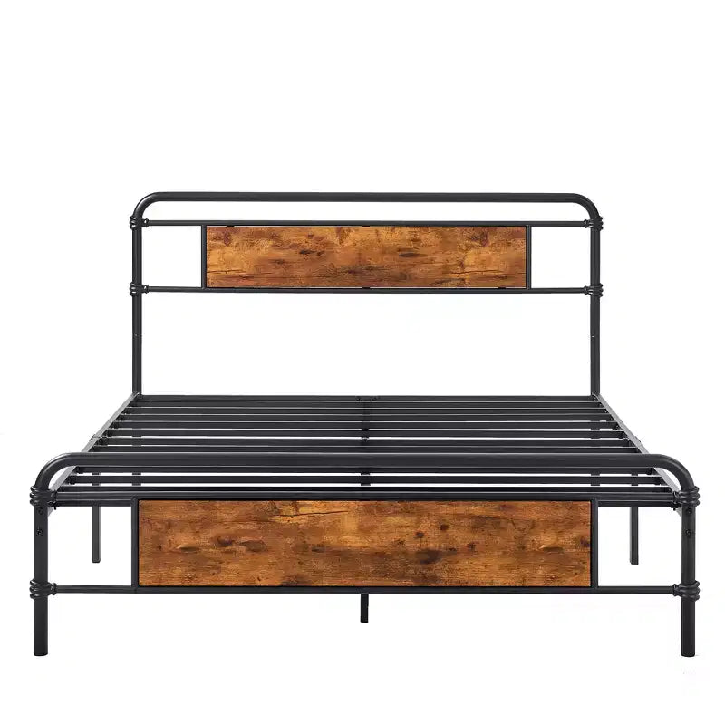 Telaio per letto a piattaforma in metallo Full/Queen con testiera in legno, doghe in acciaio resistente, nessun materasso a molle necessario, marrone