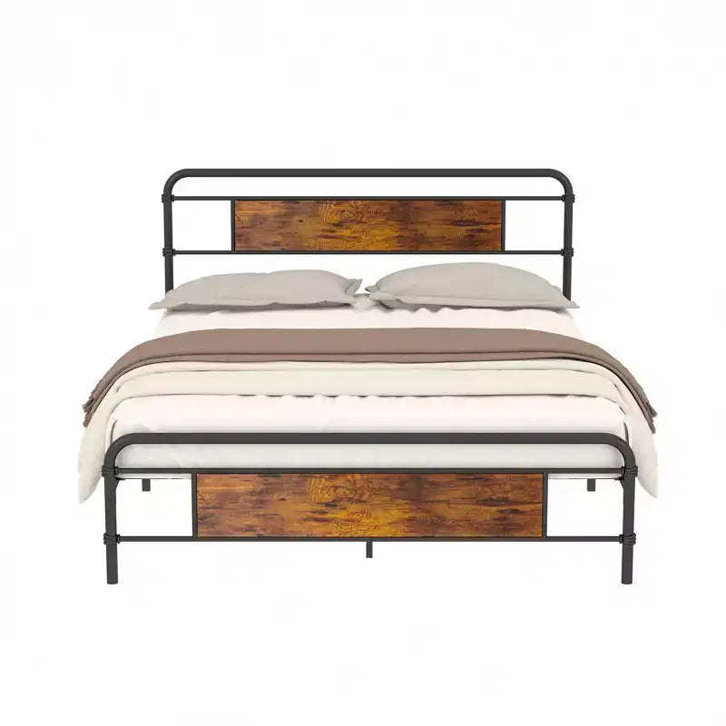 Telaio per letto a piattaforma in metallo Full/Queen con testiera in legno, doghe in acciaio resistente, nessun materasso a molle necessario, marrone