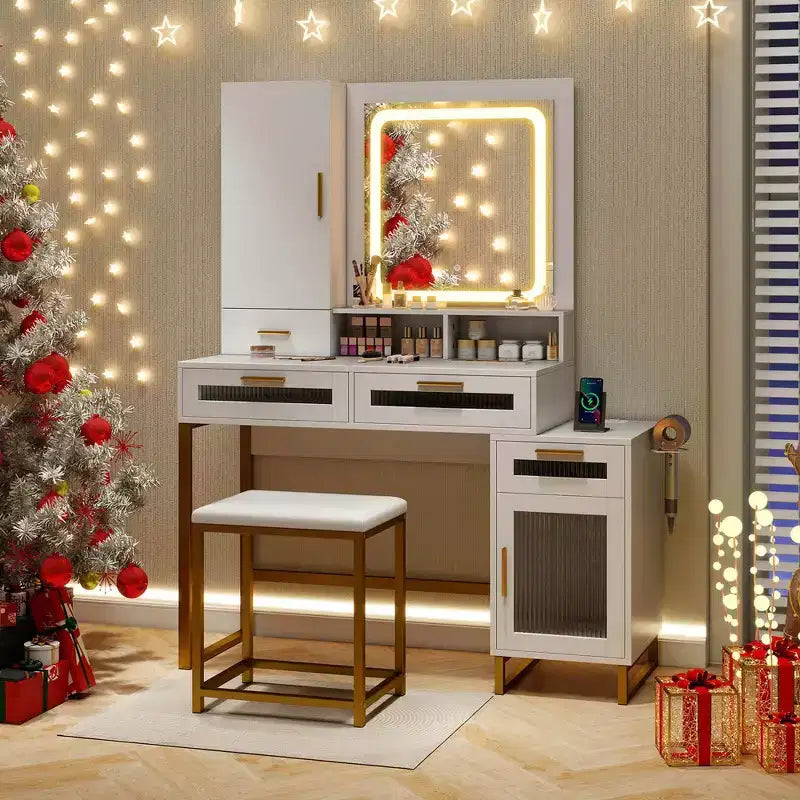 Toeletta Moderna con Specchio e Luci, 3 Modalità di Illuminazione e Luminosità Regolabile