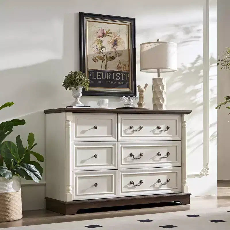 Cassettiera rustica in legno con 6 cassetti, 120 cm di larghezza, struttura in MDF, richiede montaggio da parte di un adulto