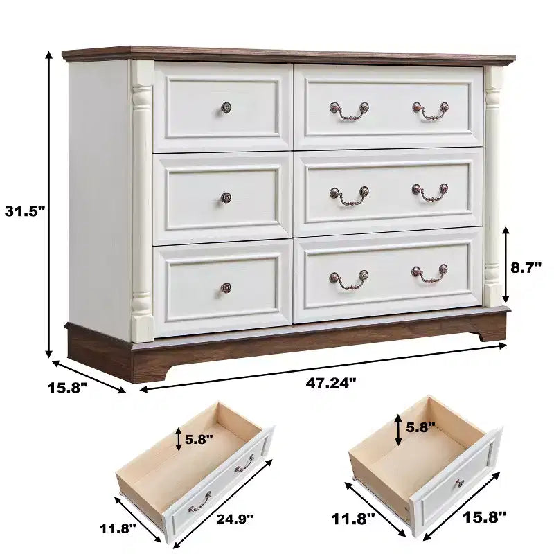 Cassettiera rustica in legno con 6 cassetti, 120 cm di larghezza, struttura in MDF, richiede montaggio da parte di un adulto