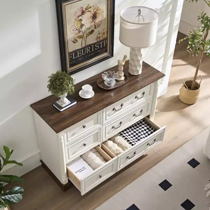 Cassettiera rustica in legno con 6 cassetti, 120 cm di larghezza, struttura in MDF, richiede montaggio da parte di un adulto