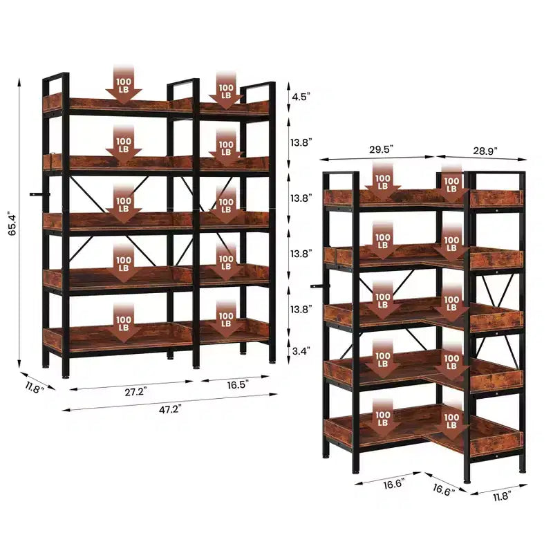 Libreria a 5 ripiani, libreria angolare reversibile a L, scaffale industriale in metallo da 65" con 10 ripiani aperti, etagere regolabile per casa e ufficio
