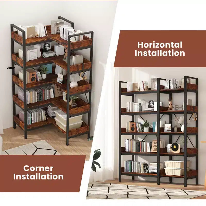 Libreria a 5 ripiani, libreria angolare reversibile a L, scaffale industriale in metallo da 65" con 10 ripiani aperti, etagere regolabile per casa e ufficio