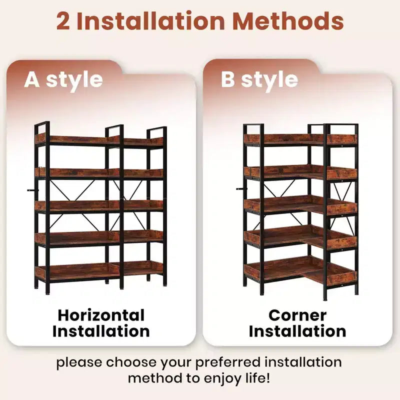 Libreria a 5 ripiani, libreria angolare reversibile a L, scaffale industriale in metallo da 65" con 10 ripiani aperti, etagere regolabile per casa e ufficio