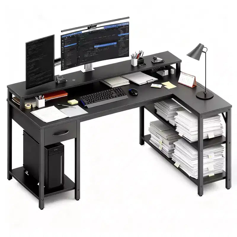 Okak Modern Gaming L-shaped Computer Desk with Power Socket & Shelves,Teens Student Storage Writing Desk for Study,Office