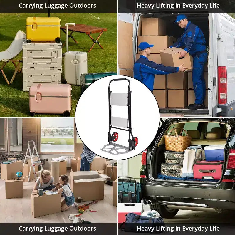 Carrello a mano pieghevole 2 in 1 in alluminio e scala a 2 gradini, pedale antiscivolo, capacità 100 kg