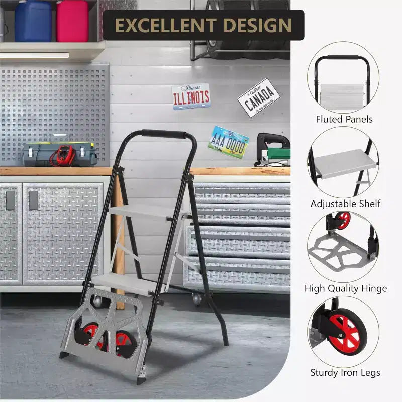 Carrello a mano pieghevole 2 in 1 in alluminio e scala a 2 gradini, pedale antiscivolo, capacità 100 kg