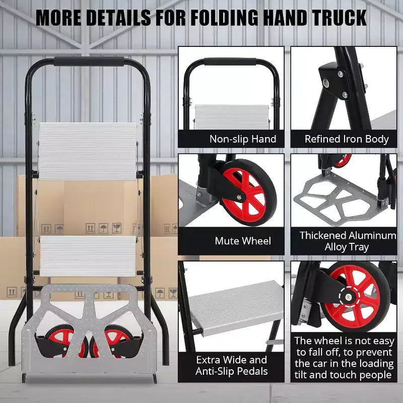 Carrello a mano pieghevole 2 in 1 in alluminio e scala a 2 gradini, pedale antiscivolo, capacità 100 kg
