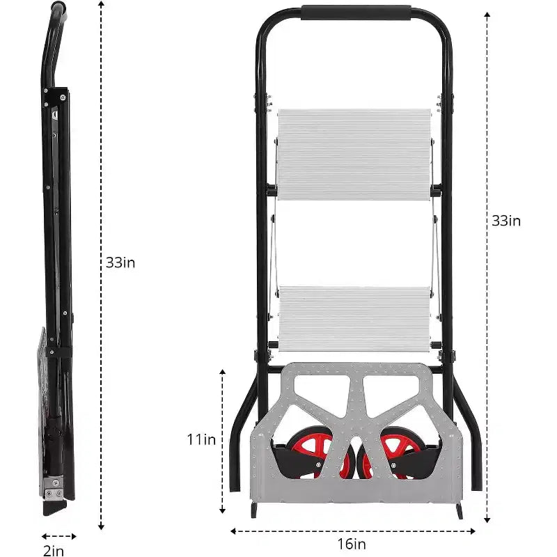 Carrello a mano pieghevole 2 in 1 in alluminio e scala a 2 gradini, pedale antiscivolo, capacità 100 kg