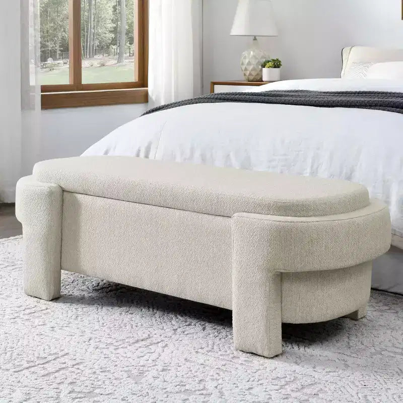Panca contenitore imbottita in lino con ampio spazio, soggiorno e camera da letto, beige