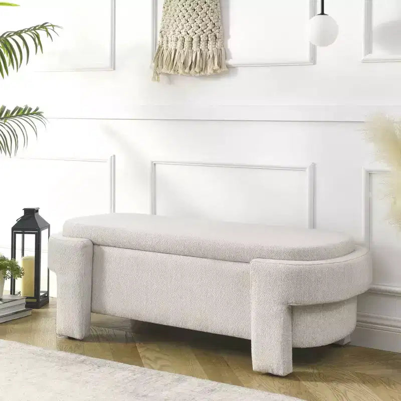 Panca contenitore imbottita in lino con ampio spazio, soggiorno e camera da letto, beige