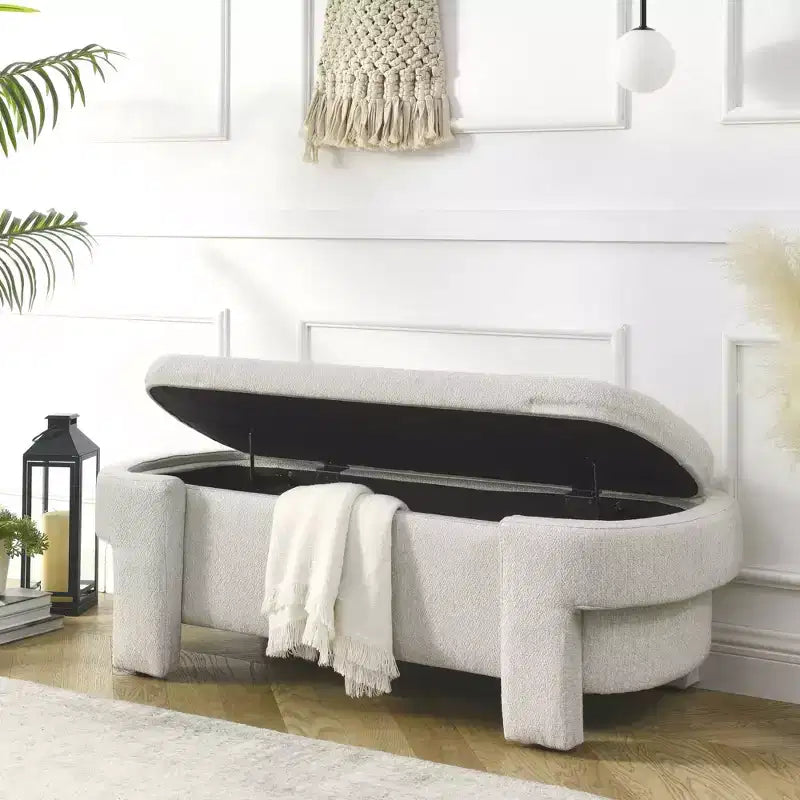 Panca contenitore imbottita in lino con ampio spazio, soggiorno e camera da letto, beige