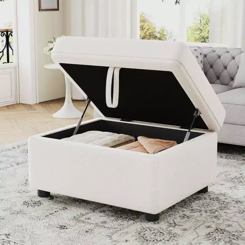 Pouf ottomano mobile con contenitore 67,5 cm, velluto imbottito, per soggiorno e camera da letto, beige