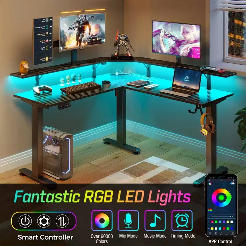Scrivania da computer a L regolabile in altezza con luci LED d'atmosfera e porte di ricarica