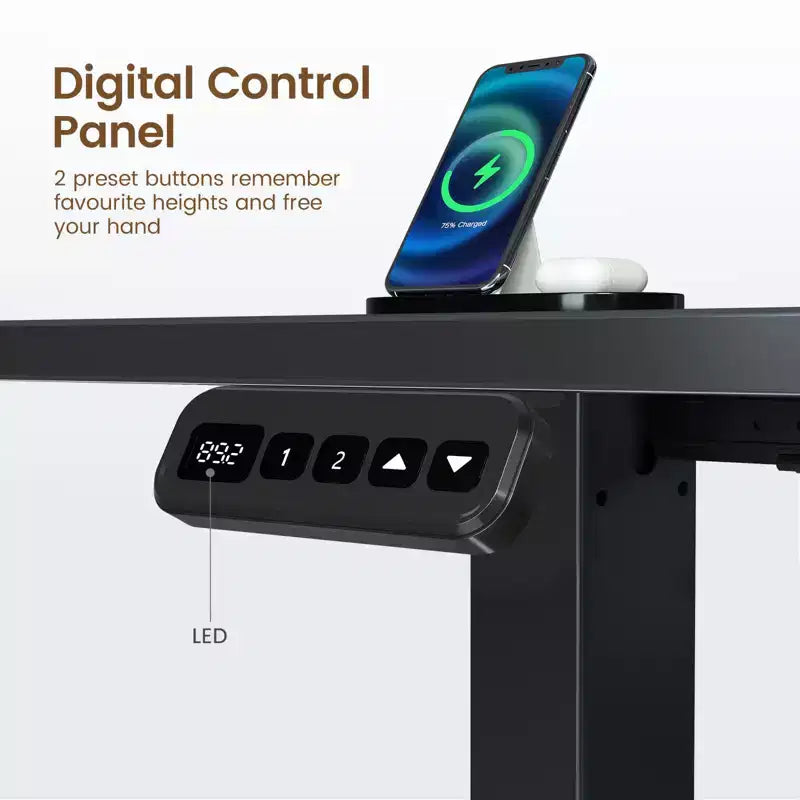 Scrivania da computer a L regolabile in altezza con luci LED d'atmosfera e porte di ricarica