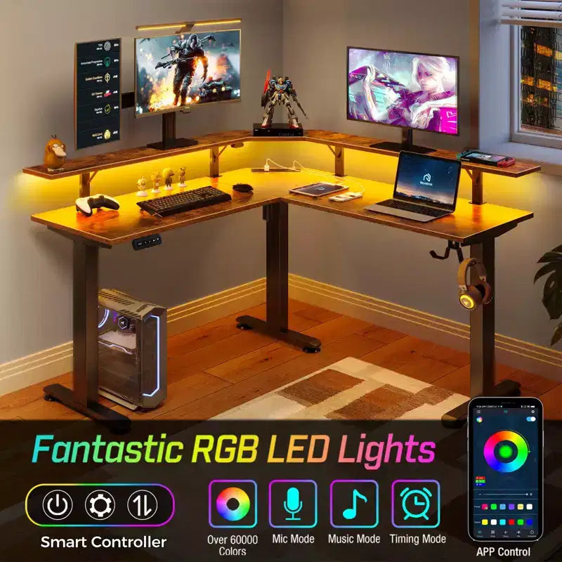 Scrivania da computer a L regolabile in altezza con luci LED d'atmosfera e porte di ricarica