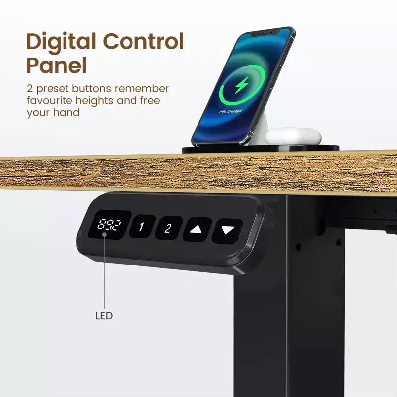 Scrivania da computer a L regolabile in altezza con luci LED d'atmosfera e porte di ricarica