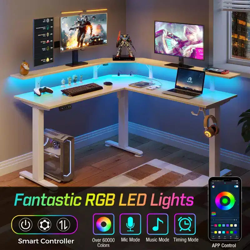 Scrivania da computer a L regolabile in altezza con luci LED d'atmosfera e porte di ricarica