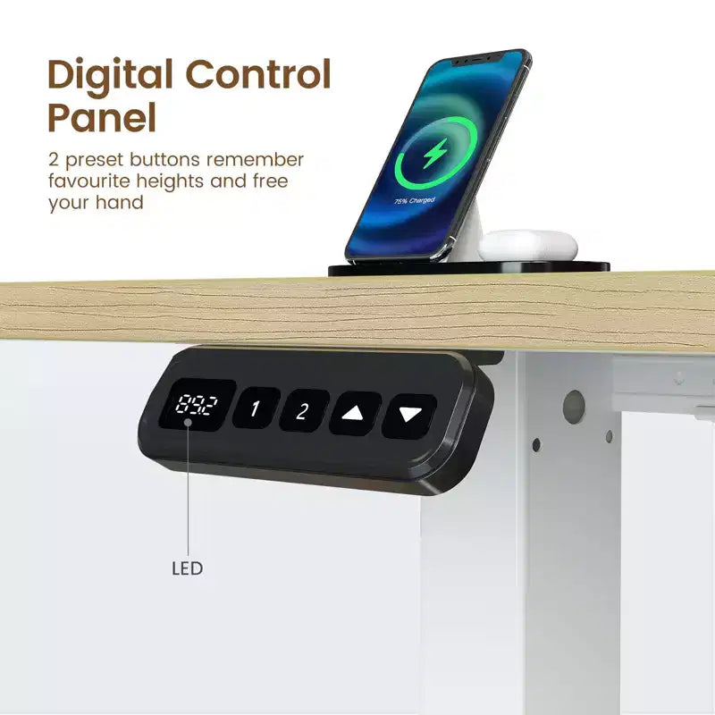Scrivania da computer a L regolabile in altezza con luci LED d'atmosfera e porte di ricarica