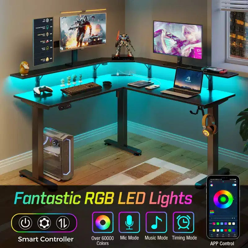 Scrivania da computer a L regolabile in altezza con luci LED d'atmosfera e porte di ricarica