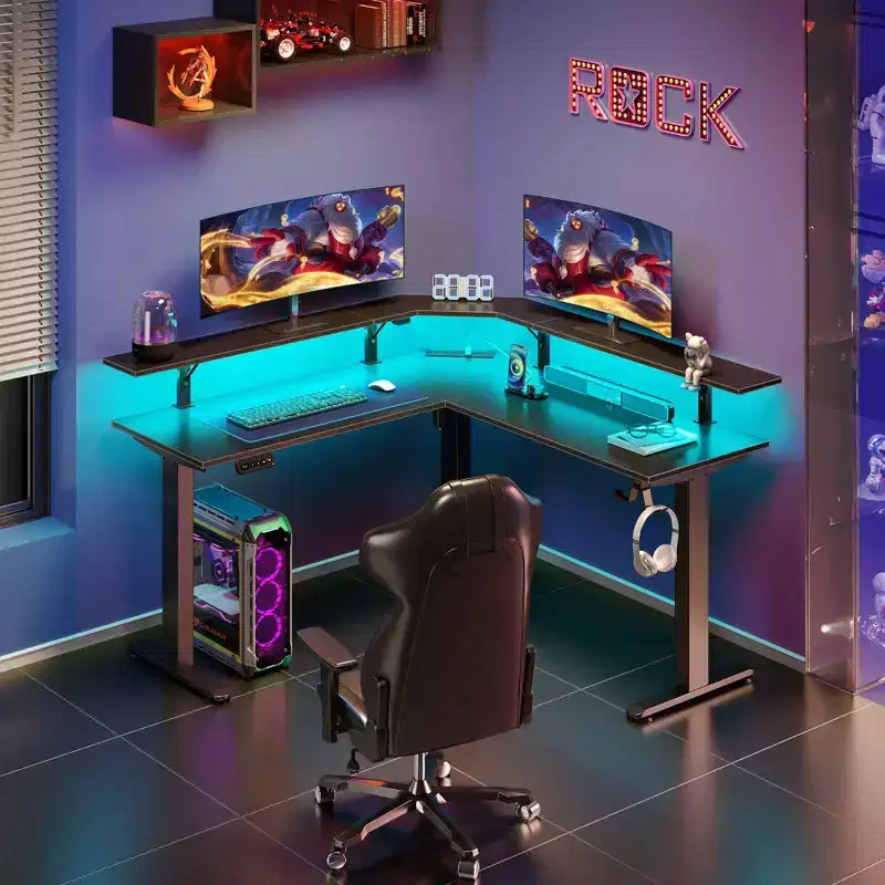 Scrivania da computer a L regolabile in altezza con luci LED d'atmosfera e porte di ricarica
