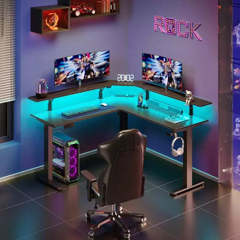 Scrivania da computer a L regolabile in altezza con luci LED d'atmosfera e porte di ricarica