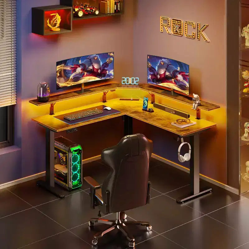 Scrivania da computer a L regolabile in altezza con luci LED d'atmosfera e porte di ricarica