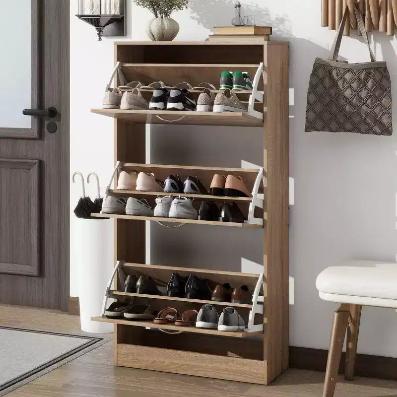 Armadietto portascarpe in legno a 3 cassetti, organizer da ingresso alto 120 cm con ripiani a 2 livelli, marrone