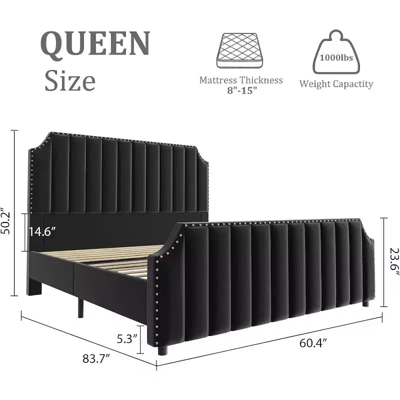 Letto a piattaforma Queen Size con testiera da 127,5 cm, letto Queen con testiera e pediera imbottite in velluto, finiture borchiate, grigio